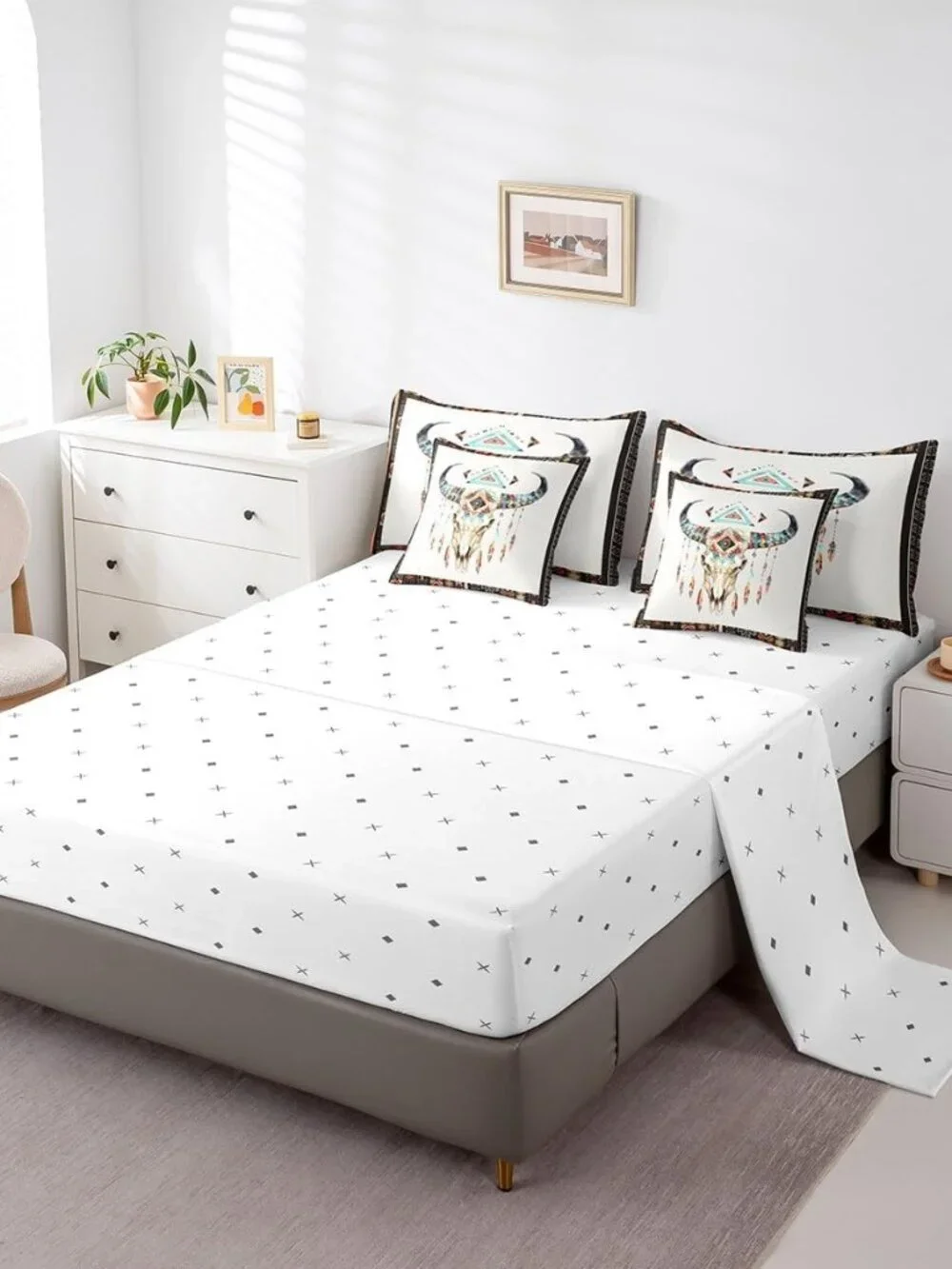 Boho Cow Skull Kids Comforter Set 7 Piece Queen Size,Watercolor Tribal Geometric